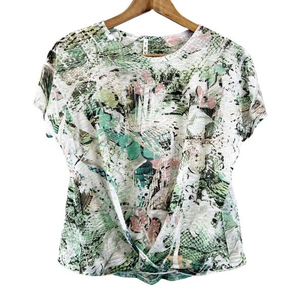 Tryst Womens S T-Shirt Twist‎ Front Round Neck Abstract Green Pink White Active - Picture 1 of 7